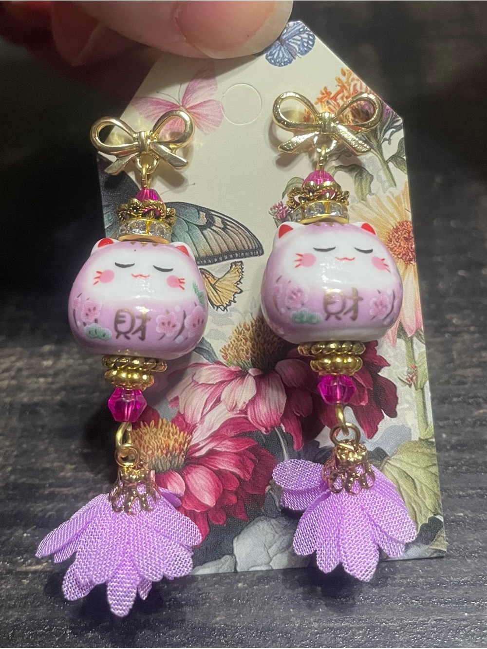 Hand Crafted Lavender Lucky Cat Tassel Earrings with Gold Accents